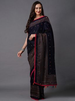 Akhilam - Navy Blue Festive Juth Silk Printed Saree with Unstitched