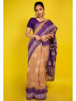 Unnati Silks - Beige Pure Wax Batik Chanderi Cotton Saree with Unstitched Blouse