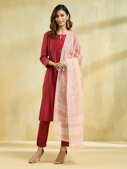 Fabindia - Peach Cotton Silk Checks Block Printed Dupatta