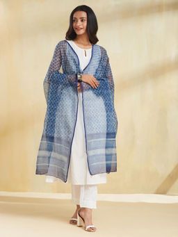 Fabindia - Navy Blue Cotton Silk Dabu Block Printed Dupatta