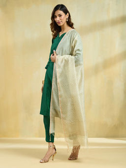 Fabindia - Beige Cotton Silk Blend Floral Printed Dupatta