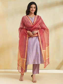 Fabindia - Red Linen Blend Stripes Tassels Dupatta