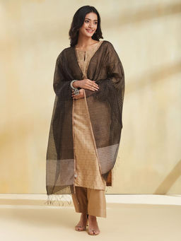 Fabindia - Black Viscose Blend Checks Tassels Dupatta