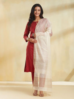 Fabindia - Off White Viscose Blend Stripes Tassels Dupatta