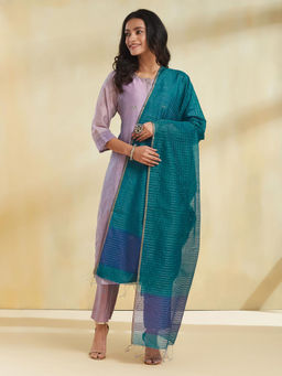 Fabindia - Teal Viscose Blend Checks Tassels Dupatta