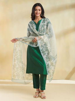 Fabindia - Off White Cotton Silk Floral Hand Block Printed Dupatta