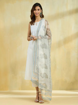 Fabindia - White Cotton Silk Floral Hand Block Printed Dupatta