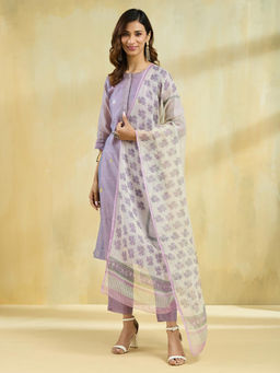 Fabindia - Off White and Lavender Cotton Silk Floral Block Printed Dupatta