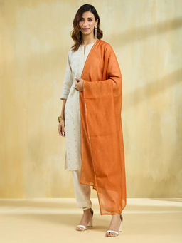 Fabindia - Orange Cotton Silk Solid Sequined Dupatta