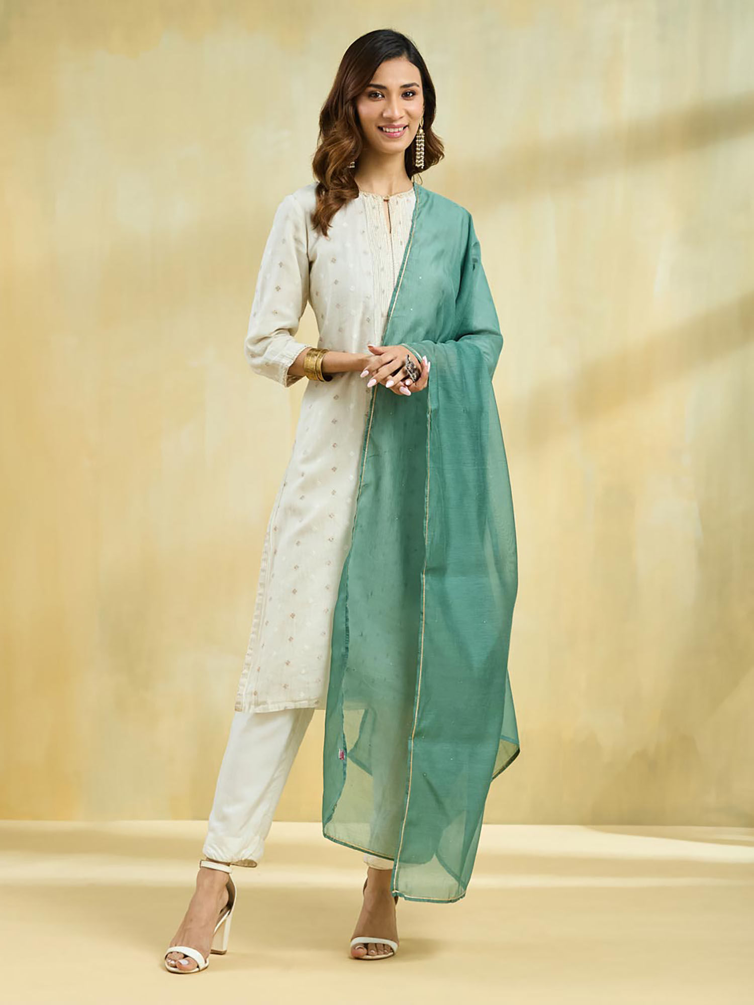 fabindia Green Cotton Silk Solid Sequined Dupatta-picture-12