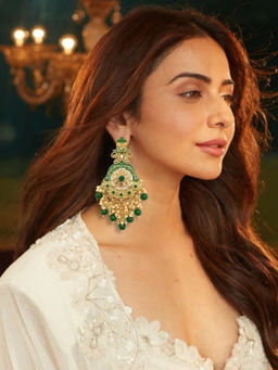 Accessher - Green Meenakari Kundan Chandbali Earrings