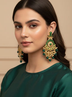 Accessher - Rajasthani Green Kundan Chandbali Earrings