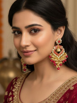 Accessher - Red Kundan Chandbali Earrings