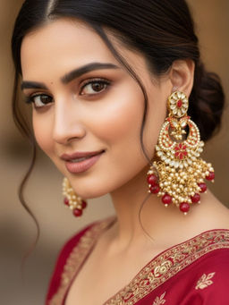 Accessher - Red Floral Kundan Chandbali Earrings