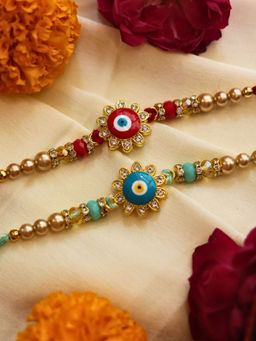 WEAVING HOMES - Multi-Color Evil Eye Cluster Thread Rakhis (Pack Of 2)