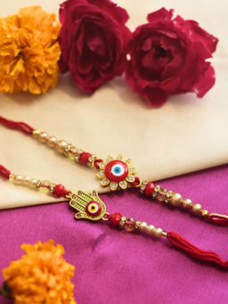 WEAVING HOMES - Multi-Color Hamsa Pearls Shield Thread Rakhis (Pack of 2)