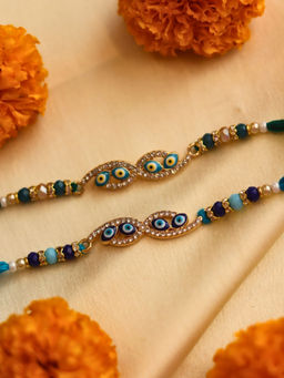 WEAVING HOMES - Multi-Color Infinite Love Evil Eye Thread Rakhis (Pack Of 2)