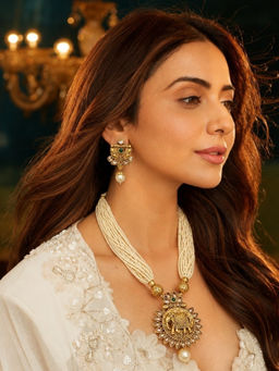 Accessher - Gold-Plated Off White Pearl Temple Long Necklace with Earrings