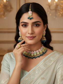 Accessher - Gold-Tone Multi-Color Kundan Necklace Set with Maang Tikka