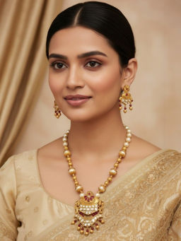 Accessher - Multi-Color Gold-Tone Kundan Lakshmi Long Necklace with Earrings