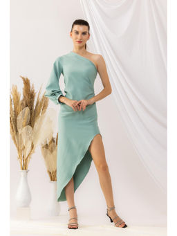Kovet - Sea Green One Sleeve Off Shoulder Asymmetrical Dress