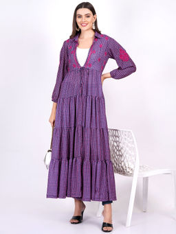 Sufiza Lifestyle - Purple Check Print Georgette Chikankari Shrug