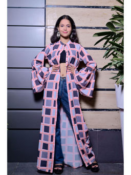 Sufiza Lifestyle - Peach Check Printed Georgette Shrug