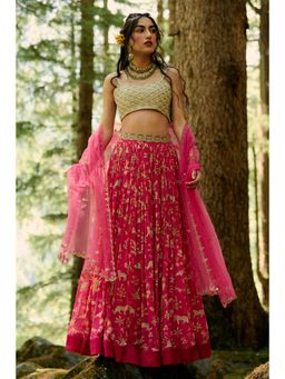 Paulmi & Harsh - Rani Pink Jungle Print Lehenga (Set of 4)