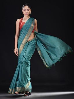 Beatitude - Teal Blue Slub Cotton Woven Saree with Unstitched Blouse