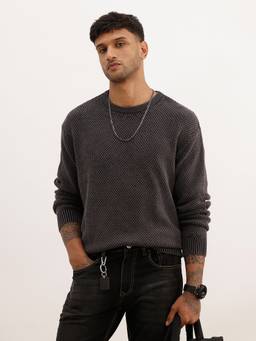 WROGN - Black Solid Comfort Fit Knitted Sweater