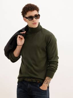 WROGN - Olive Solid Regular Fit Turtle Neck Sweater