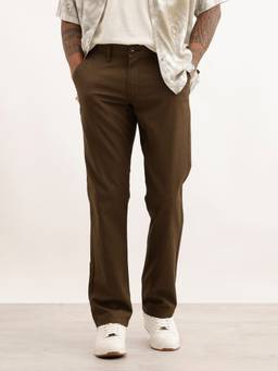 WROGN - Brown Solid Straight Fit Cotton Trousers