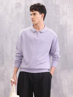 WROGN - Lavender Knitted Stylized Half Zip Collar Sweater