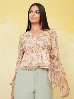 Styli - Women Beige Floral Print Chiffon Wrap Peplum Top