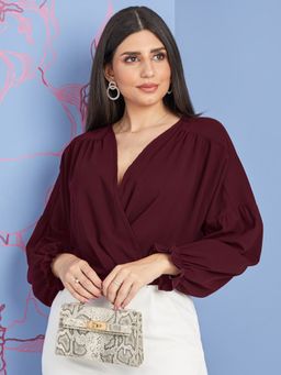 Styli - Women Maroon Balloon Sleeves Wrap Front Top With Elastic Waistband