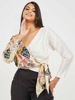 Styli - Women White Floral Printed V Neck Long Sleeve Wrap Top