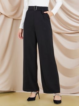 Styli - Women Black High Waist Wide Leg Belted Trousers (Set of 2)