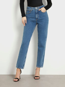 Guess - Blue Cotton Blend Solid Regular Fit Jeans