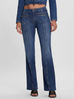 Guess - Blue Cotton Blend Solid Bootcut Fit Jeans