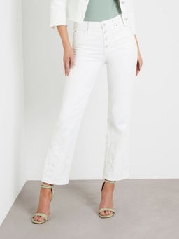 Guess - White Cotton Blend Embroidered Regular Fit Jeans