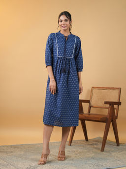Janasya - Indigo Blue Pure Cotton Floral Printed A-Line Kurta