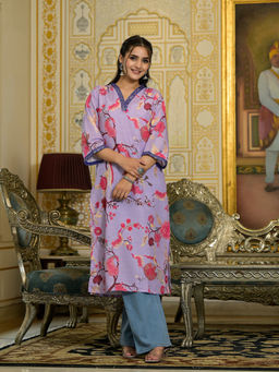 Varanga - Lavender Floral Printed V-Neck Straight Kurta