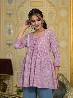 Varanga - Lavender Floral Printed Drawstring Detail Kurti