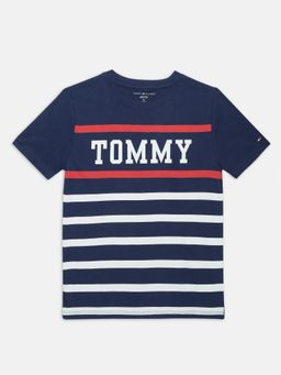 Tommy Hilfiger - Boys Navy Blue Striped Regular Fit Cotton T-Shirt