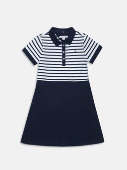 Tommy Hilfiger - Girls Navy Blue Stripes Cotton Polo Collar T-Shirt Dress