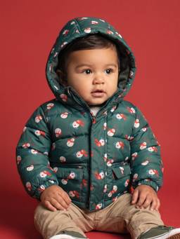 Nautinati - Baby Boys Green Hooded Snowman Printed Puffer Jacket