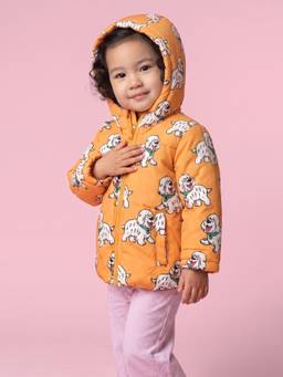 Nautinati - Baby Girls Orange Regular Fit Hooded Dog Printed Puffer Jacket