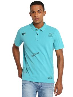 Lee - Men Turquoise Placement Print Slim Fit Polo T-shirt