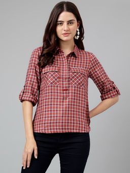 Latin Quarters - Women Rust Casual Three Fourth Sleeves Checks Shirt