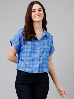 Latin Quarters - Women Blue Casual Half Sleeves Checks Shirt